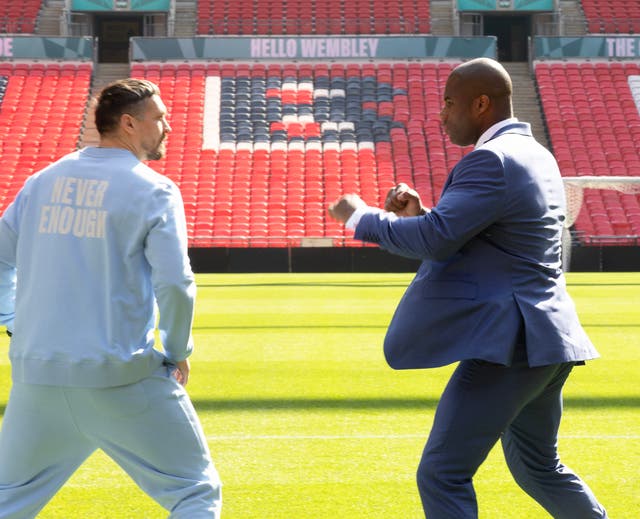 <p>Daniel Dubois (right) after shoving Oleksandr Usyk</p>