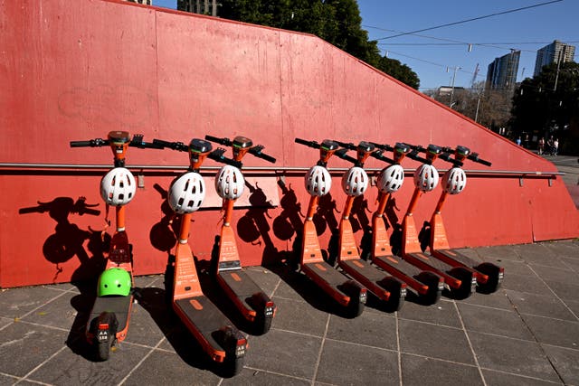 <p>E-scooters are lined up in central business district of Melbourne, Australia </p>