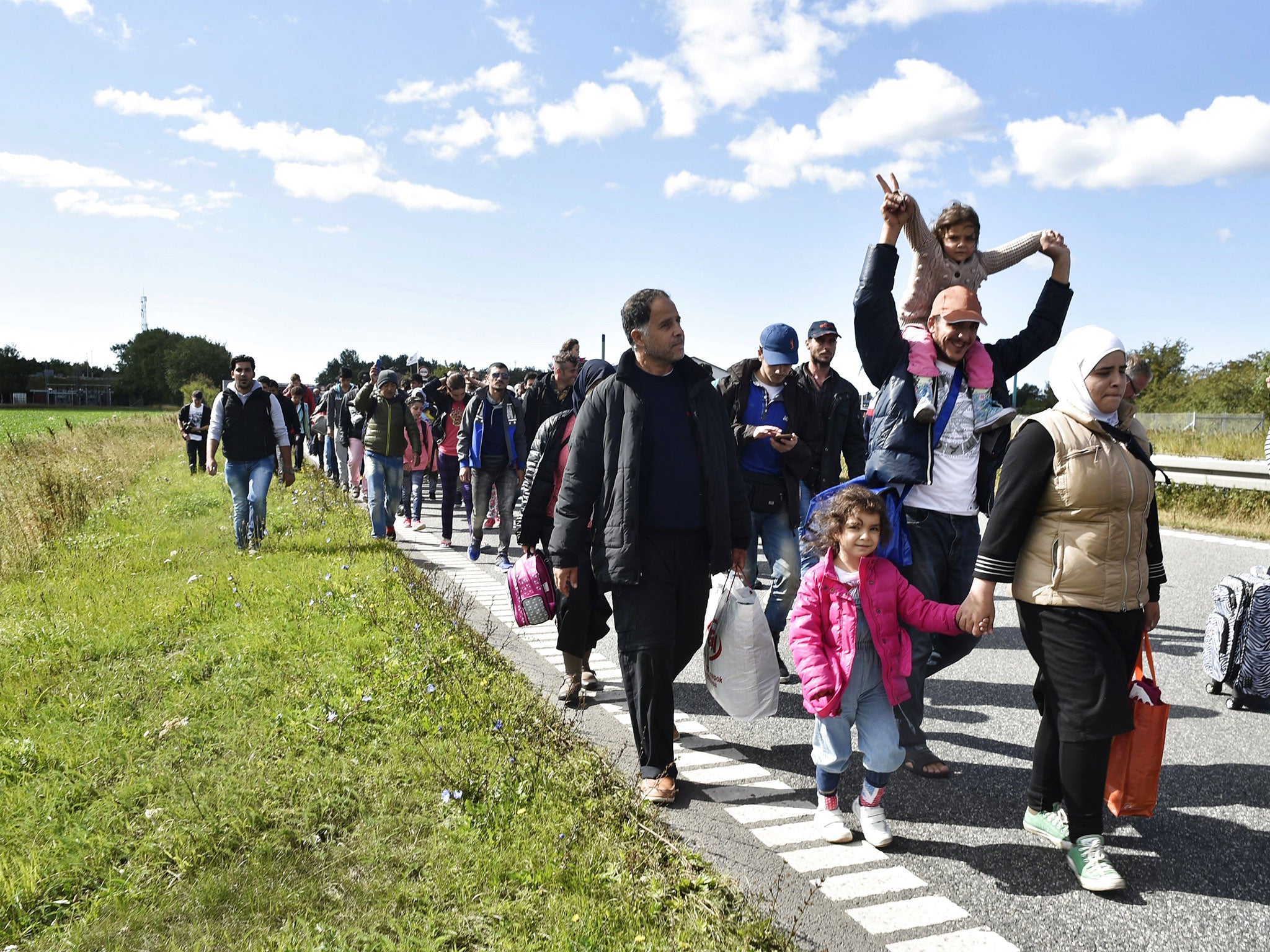 Migrants, mainly from Syria, walk on the motorway north of Rodby, Denmark (Getty)